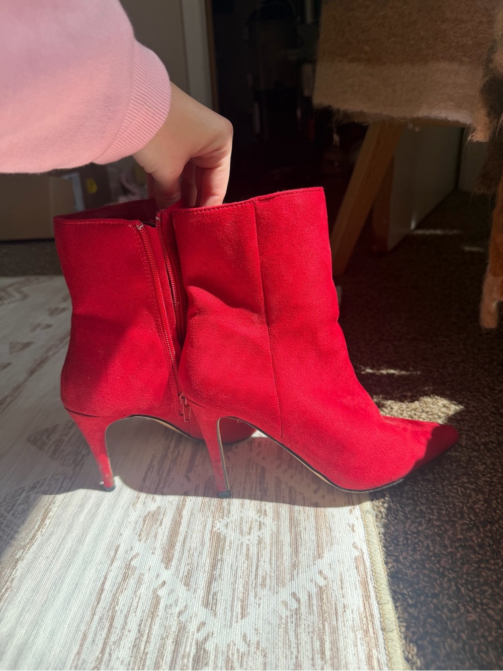 Red Suede Pointed-Toe Ankle Boots